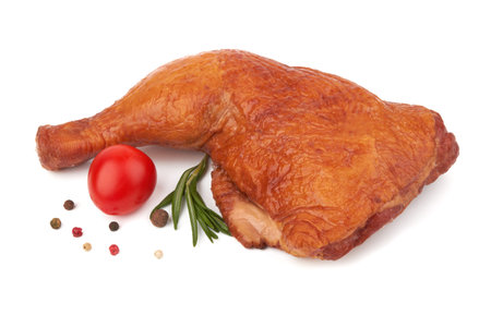 Smoked chicken thighs isolated on a white backgroundの写真素材
