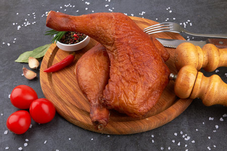 Smoked chicken thighs on a black stone surfaceの写真素材