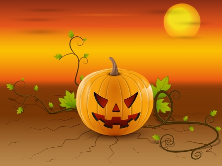 illustration of a pumpkin with roots and green leaves character Halloween on the cracked earthのイラスト素材