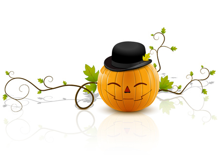 laughing pumpkin with hat, a symbol of halloween, on a white background with reflectionのイラスト素材