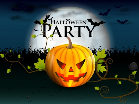 party Halloween under the moon with a devilish lively pumpkin, and bats with burning eyesのイラスト素材