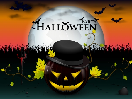 happy party halloween under the moon with a devilish lively pumpkin, and bats with burning yellow eyesのイラスト素材