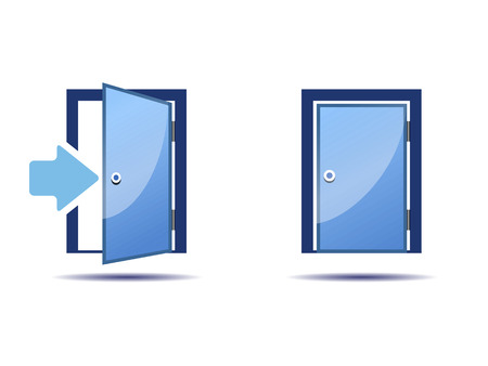 two blue icons doors, open and closed on a white backgroundのイラスト素材
