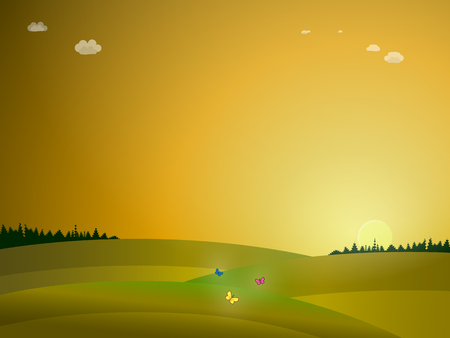 illustration of butterflies in a field at sunriseのイラスト素材