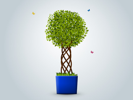 illustration. Tree in a pot. Green leaves, a designer trunk, grass, butterfliesのイラスト素材