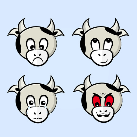 vector drawings of cows with different facial expressions. Thoughtful, sadness, angerのイラスト素材