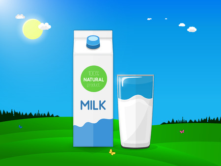 Fresh farm products. Carton and glass of milk on the background of a country landscape with green meadows, blue sky and bright sun. Vector illustrationのイラスト素材