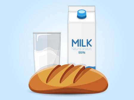 Fresh farm products. Carton, glass of milk, bread on the blue background. Vector illustrationのイラスト素材