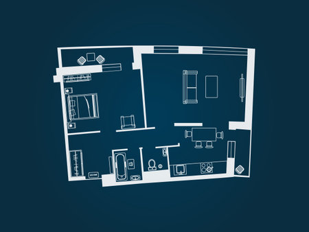 drawing of the layout of the apartment with furniture. Kitchen, living room, bedroom and balcony....