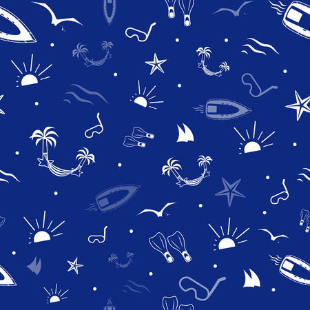 vector seamless pattern on the theme of the summer: summer vacation, holiday, travel, sea cruise, yacht, boat, scuba divingのイラスト素材