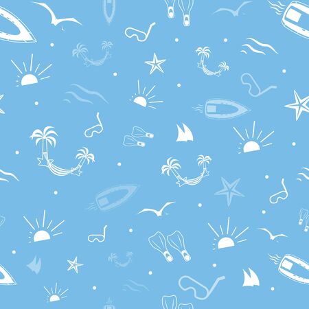 vector seamless pattern on the theme of the summer: summer vacation, holiday, travel, sea cruise, yacht, boat, scuba diving. Blue backgroundのイラスト素材