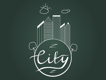 illustration of the city. Business center with skyscrapers on the planet earth with calligraphic inscription city. Lettering. Sun and clouds. Contour,  sketch.の写真素材