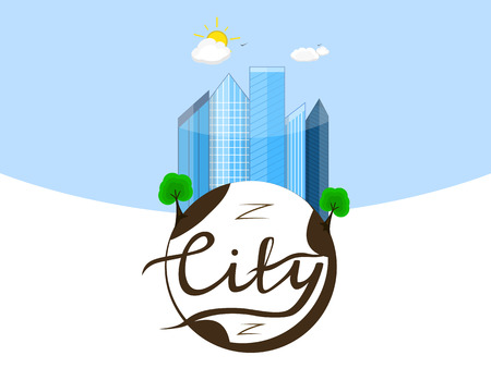 illustration of the city. Business center with skyscrapers on the planet earth with calligraphic inscription city. Lettering. Blue sky with sun and clouds. In the flat style.のイラスト素材