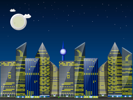 Day city landscape. Skyscrapers against blue sky with the sun and small clouds. Flat illustrationのイラスト素材