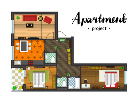 Apartment project with furniture. Kitchen, living room, two bedroom and balcony. Handwritten inscription. illustration of top viewのイラスト素材