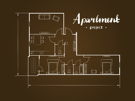 Apartment project with furniture. Kitchen, living room, two bedroom and balcony. Handwritten inscription illustration of top viewのイラスト素材