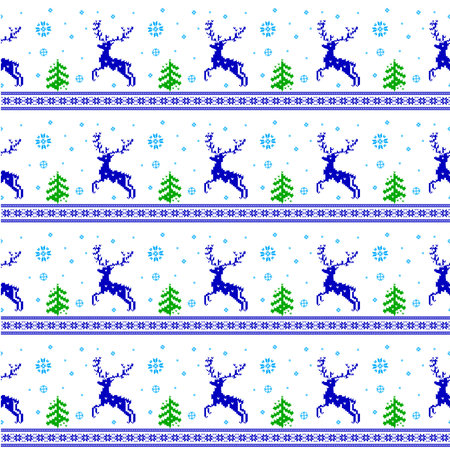 seamless striped red Christmas pattern knitted reindeer, trees and snowflakes Scandinavian styleのイラスト素材