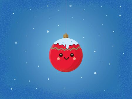 Christmas kawaii red ball with a rope on snowy blue background,  gold mount and green pattern. Live ball with a cute face, smile and cheeks. White background with snow flakesのイラスト素材