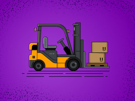 vector forklift yellow on a uniform purple background with a pallet and boxes
