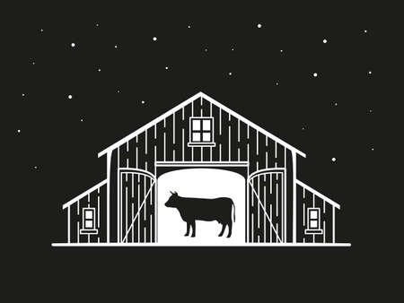 Night illustration of a barn with a cow insideのイラスト素材