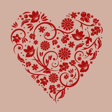 Vector illustration of floral red valentine heart isolated on light red backgroundのイラスト素材