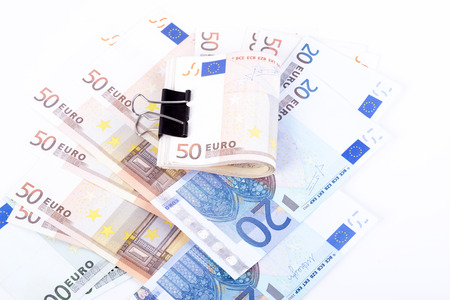 pictures of euro banknotes on a white backgroundの写真素材