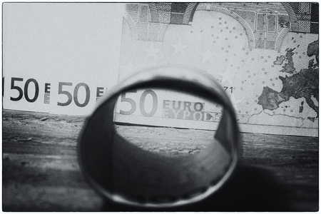 Euro bills tied with rubber bandの写真素材