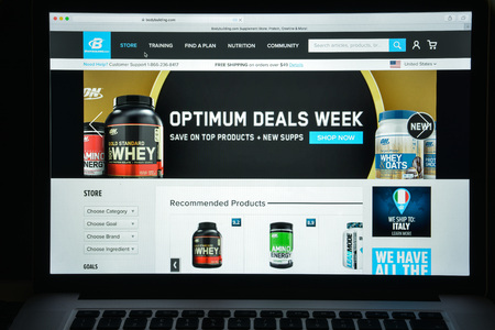 Milan, Italy - August 10, 2017: Bodybuilding.com website homepage. It is an American online retailer based in Boise, specializing in dietary supplements.  Bodybuilding.com logo visible.のeditorial素材