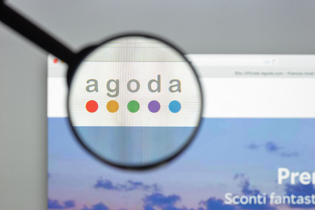Milan, Italy - August 10, 2017: Agoda website homepage. It is a travel fare aggregator website and travel metasearch engine. Agoda logo visible.のeditorial素材