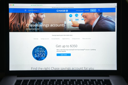 Milan, Italy - August 10, 2017: Chase bank website. It is a national bank that constitutes the consumer and commercial banking subsidiary of the U.S.  holding company, JPMorgan Chaseのeditorial素材