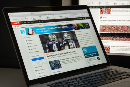 Milan, Italy - August 10, 2017: Espn website homepage. It is a U.S.-based global cable and satellite sports television channel. Espn logo visible.のeditorial素材