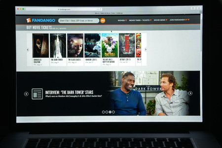 Milan, Italy - August 10, 2017: Fandango website homepage. It is an American corporation that sells movie tickets via the telephone and the Internet. Fandango logo visible.のeditorial素材