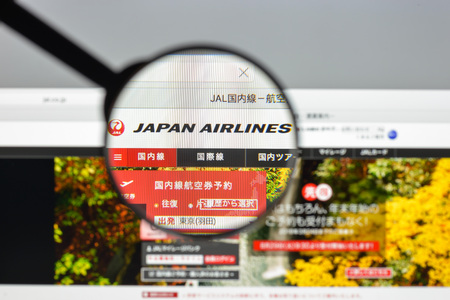 Milan, Italy - August 10, 2017: Jal website homepage. It is the flag carrier airline of Japan and the second largest in the country behind All Nippon Airways. Japan Airlines logo visible.のeditorial素材