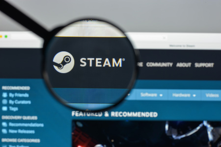 Milan, Italy - August 10, 2017: Steam store website. It is a digital platform by Valve Corporation. Offers digital rights management, multiplayer gaming, video streaming and social network. Steam logoのeditorial素材