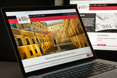 Milan, Italy - August 10, 2017: Monte dei Paschi di Siena bank website homepage. Known as BMPS or just MPS is the oldest surviving bank in the world and the third largest Italian commercial and retail bank. MPS  bank logo visible.のeditorial素材