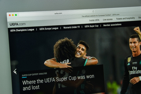 Milan, Italy - August 10, 2017: Uefa website homepage. Uefa logo visible.のeditorial素材