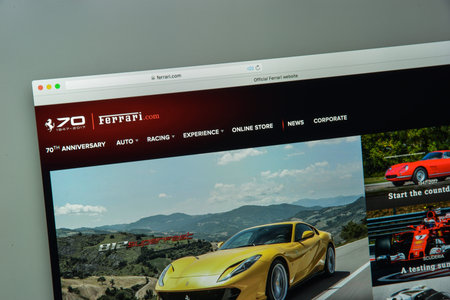 Milan, Italy - August 10, 2017: Ferrari website homepage. Ferrari logo visible.