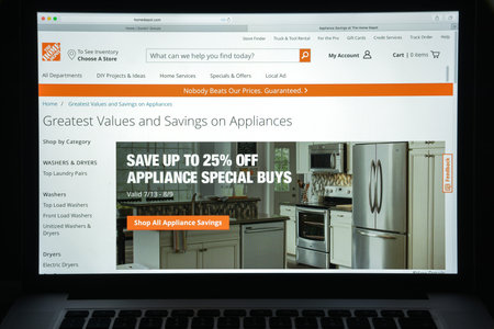 Milan, Italy - August 10, 2017: Homedepot.com website homepage. It is an American home improvement supplies retailing company that sells tools, construction products, and services. Home depot logo visible.のeditorial素材