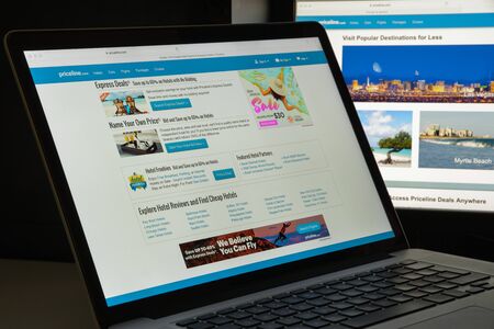 Milan, Italy - August 10, 2017: Priceline website homepage. It is an American company and a commercial website that helps users find discount rates for travel-related purchases . Priceline logo visible.のeditorial素材
