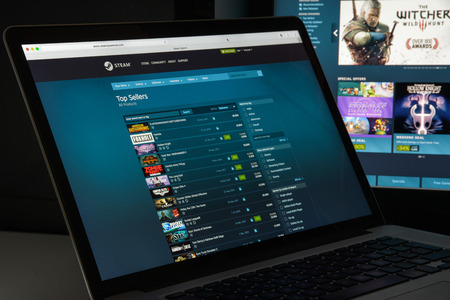 Milan, Italy - August 10, 2017: Steam store website. It is a digital platform by Valve Corporation. Offers digital rights management, multiplayer gaming, video streaming and social network. Steam logoのeditorial素材