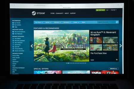 Milan, Italy - August 10, 2017: Steam store website. It is a digital platform by Valve Corporation. Offers digital rights management, multiplayer gaming, video streaming and social network. Steam logoのeditorial素材