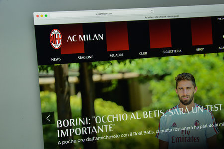 Milan, Italy - August 10, 2017: Ac Milan website homepage. Milan logo visible.