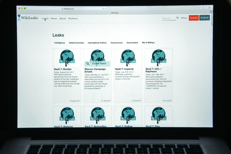 Milan, Italy - August 10, 2017: Wikileaks website homepage. It is an international non-profit organisation that publishes secret information and classified media provided by anonymous sources. Wikileaks logo visible.のeditorial素材