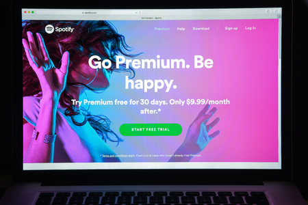 Milan, Italy - August 10, 2017: Spotify website homepage. It is a music, podcast, and video streaming service. Spotify logo visible.のeditorial素材