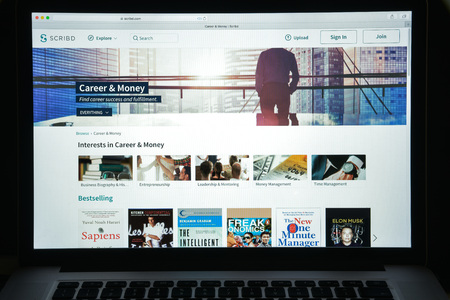 Milan, Italy - August 10, 2017: Scribd website homepage. It is a digital library and e-book and audiobook subscription service that includes one million titles. Scribd logo visible.のeditorial素材