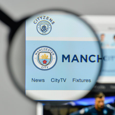 Milan, Italy - November 1, 2017: Manchester City logo on the website homepage.
