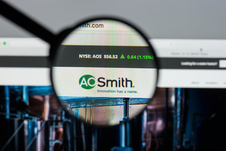 Milan, Italy - August 10, 2017: A.O.Smith website homepage. It is an American manufacturer of both residential and commercial water heaters and boilers . A.O.Smith logo visible.のeditorial素材