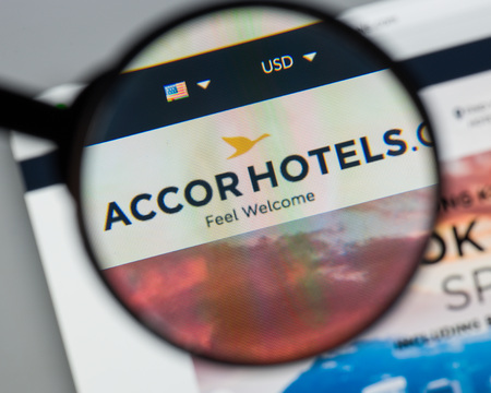 Milan, Italy - August 10, 2017: Accor website homepage. It is a French multinational hotel group. Accor hotels logo visible.のeditorial素材