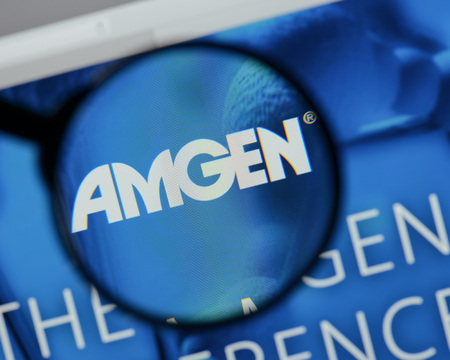 Milan, Italy - August 10, 2017: amgen website homepage. It is an American multinational biopharmaceutical company. amgen logo visible.のeditorial素材