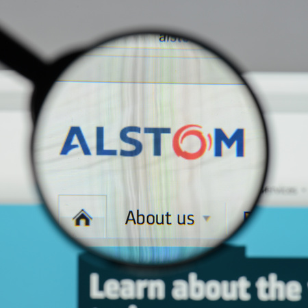 Milan, Italy - August 10, 2017: Alstom website homepage. It is a French multinational company operating worldwide in rail transport markets. Alstom logo visible.のeditorial素材